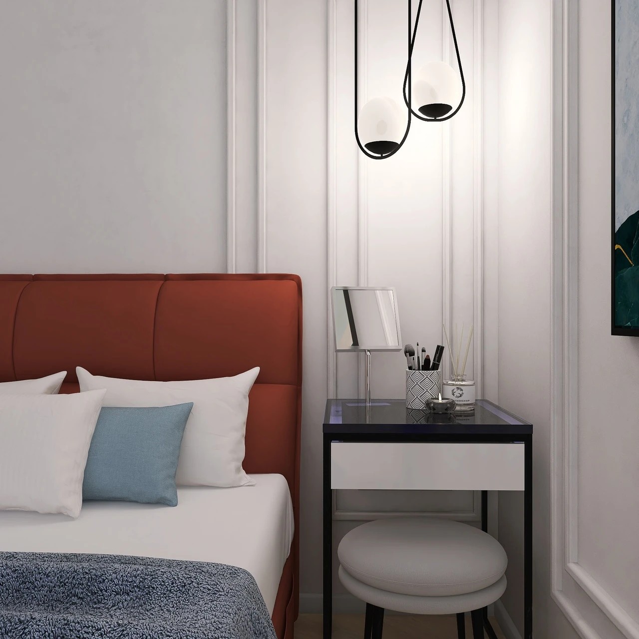 Белая спальня-гостиная с акцентами