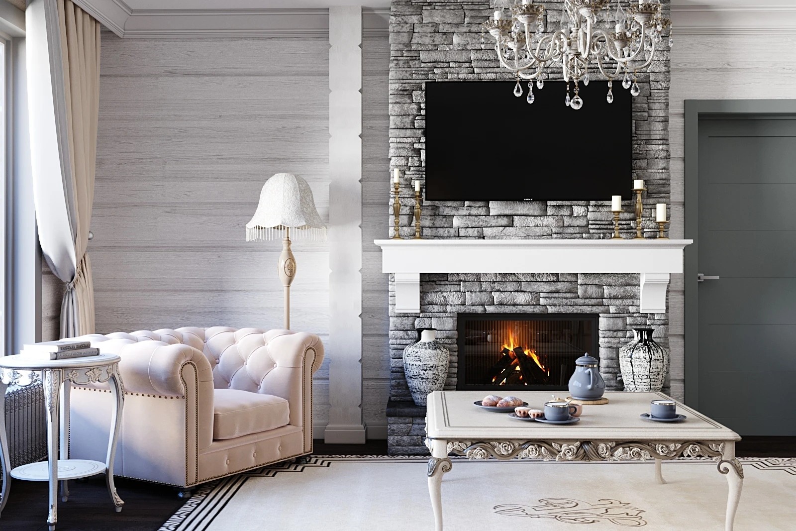 Дизайн гостиной-столовой загородного дома