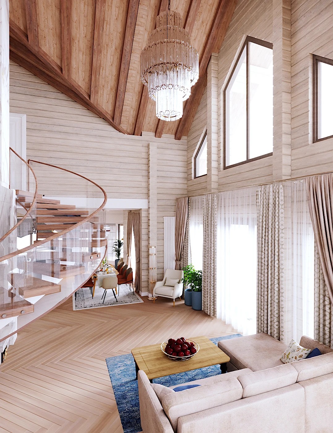 Дизайн гостиной-кухни загородного дома