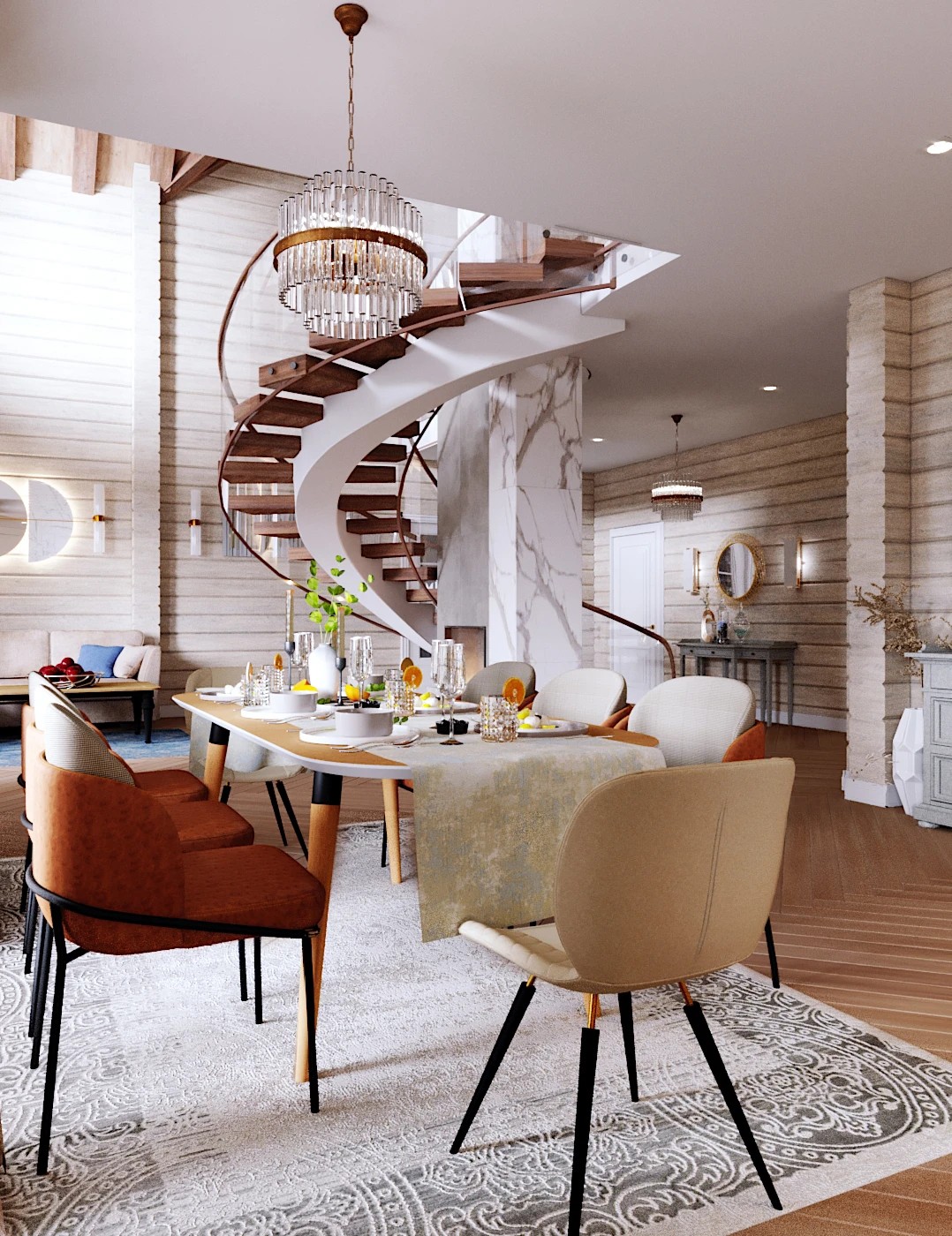 Дизайн гостиной-кухни загородного дома