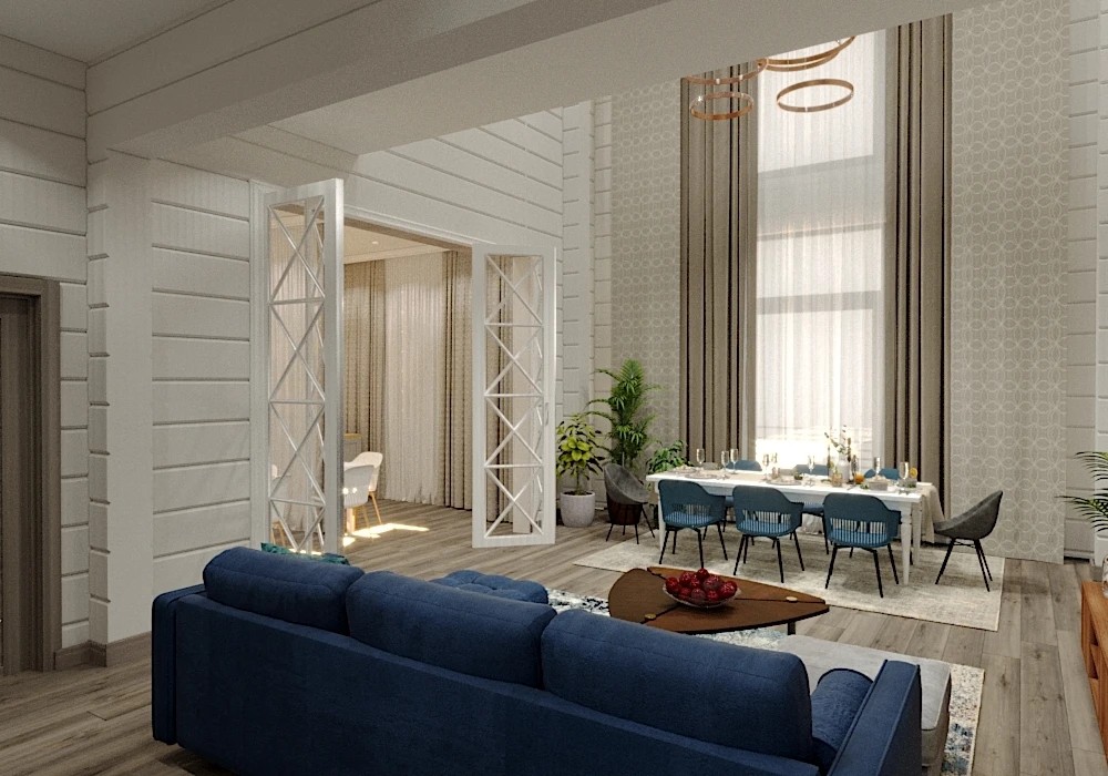 Дизайн гостиной-столовой загородного дома