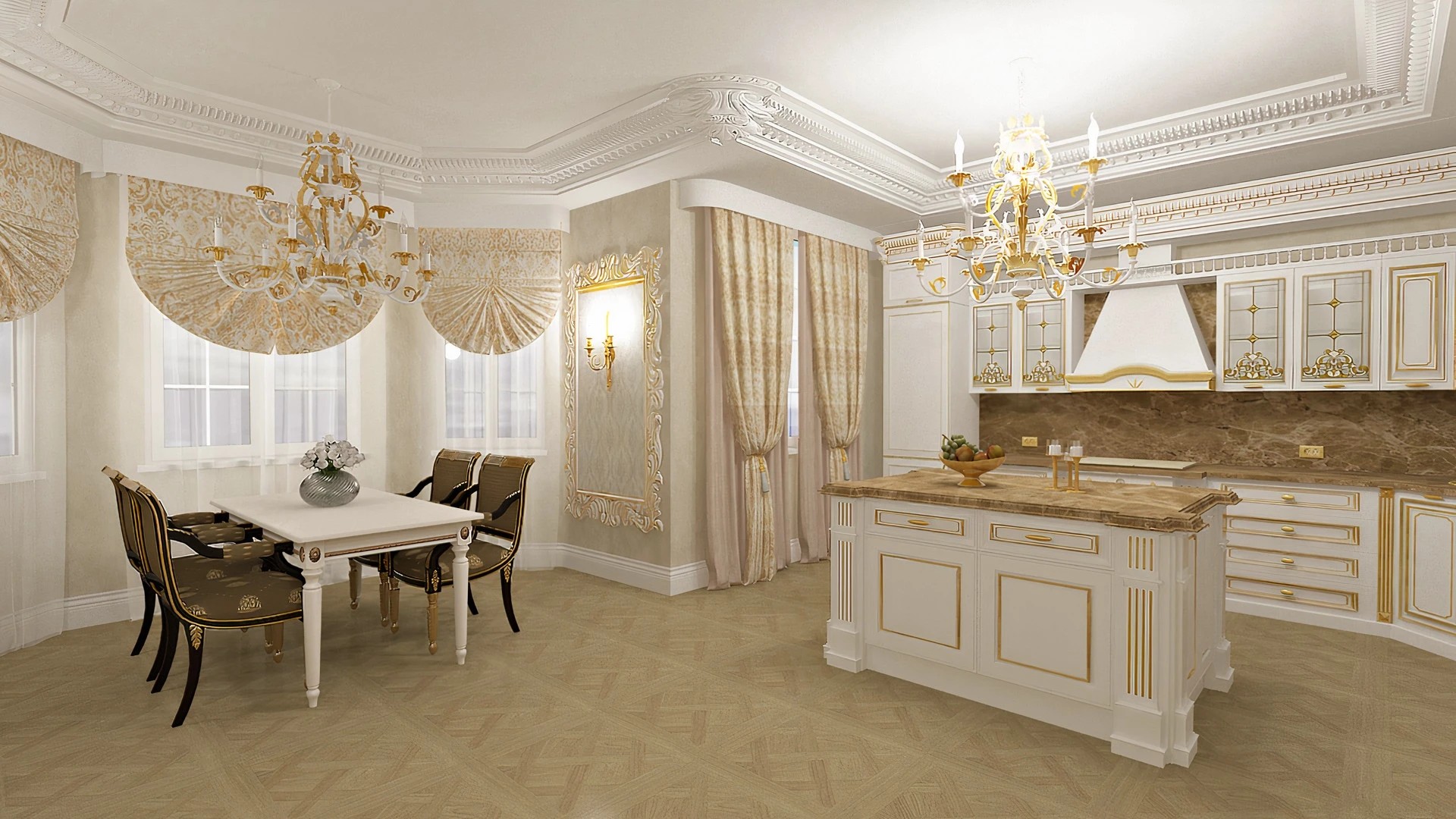 Кухня-столовая в барочном стиле.