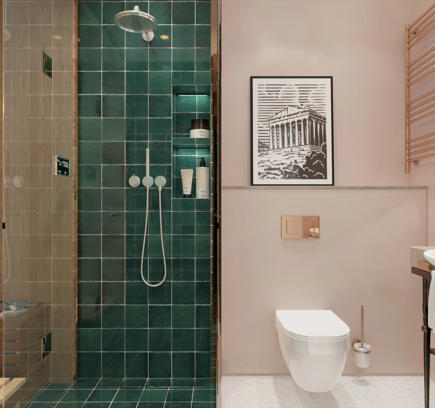 Bathroom with green and peach