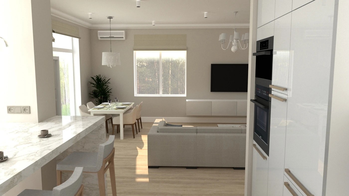 Кухня-гостиная 38 кв.м. в частном доме в д. Хязельки для молодой девушки с прекрасным видом из окна на березовую рощу и овраг