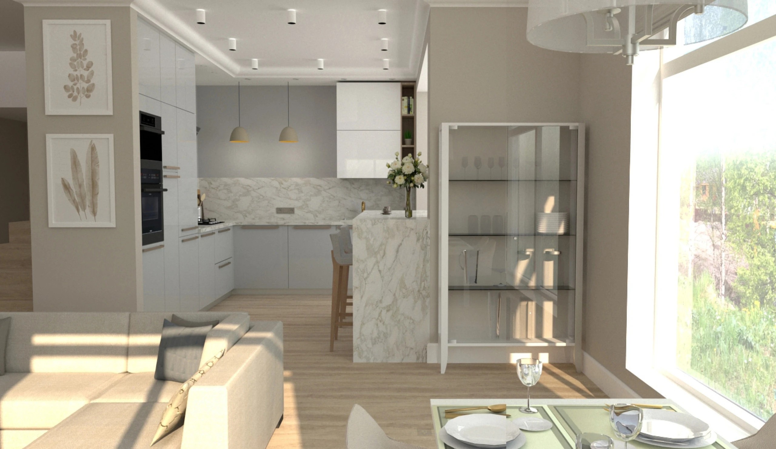 Кухня-гостиная 38 кв.м. в частном доме в д. Хязельки для молодой девушки с прекрасным видом из окна на березовую рощу и овраг