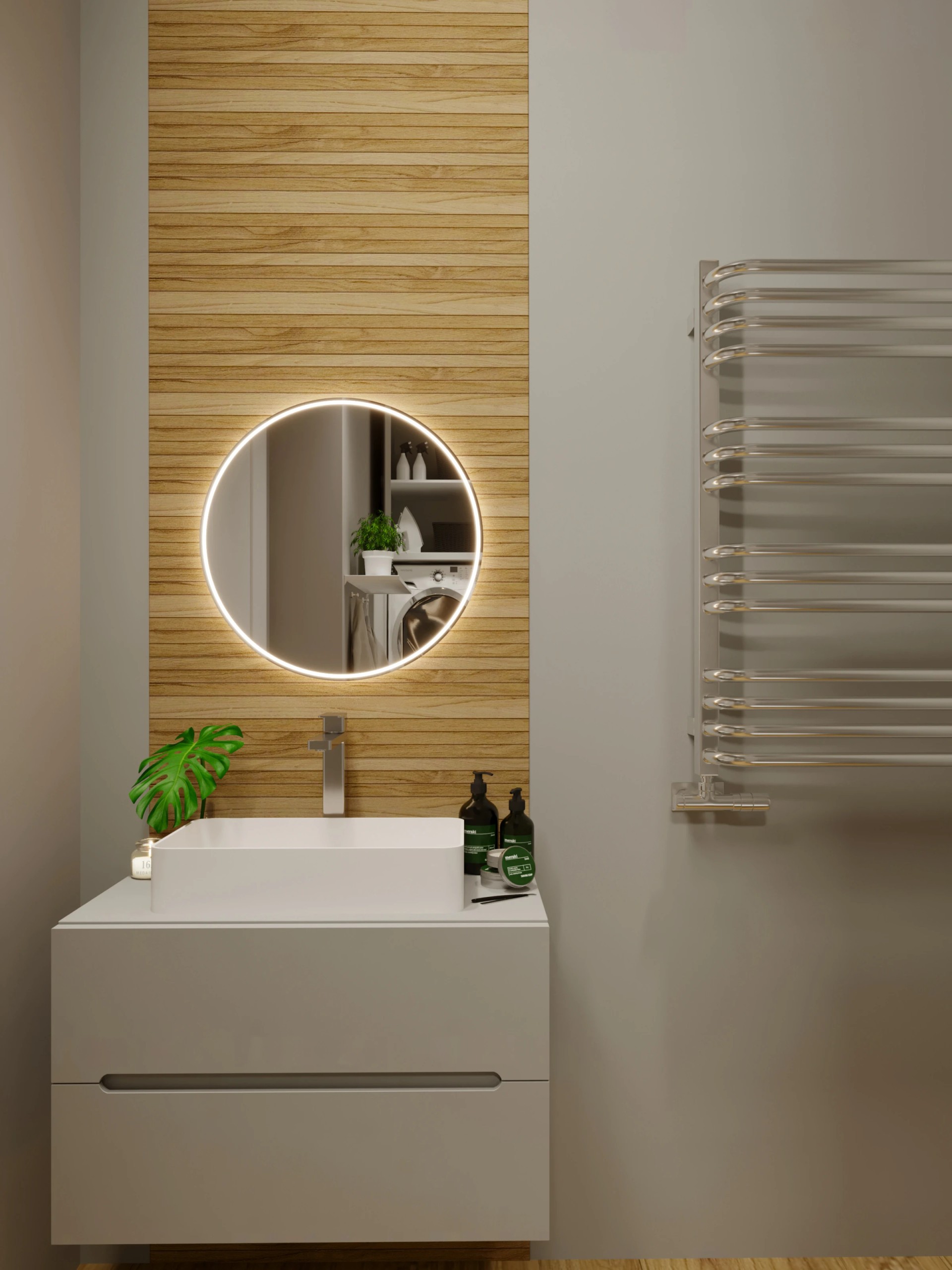 Два санузла, гардеробная, гостиная -кухня.