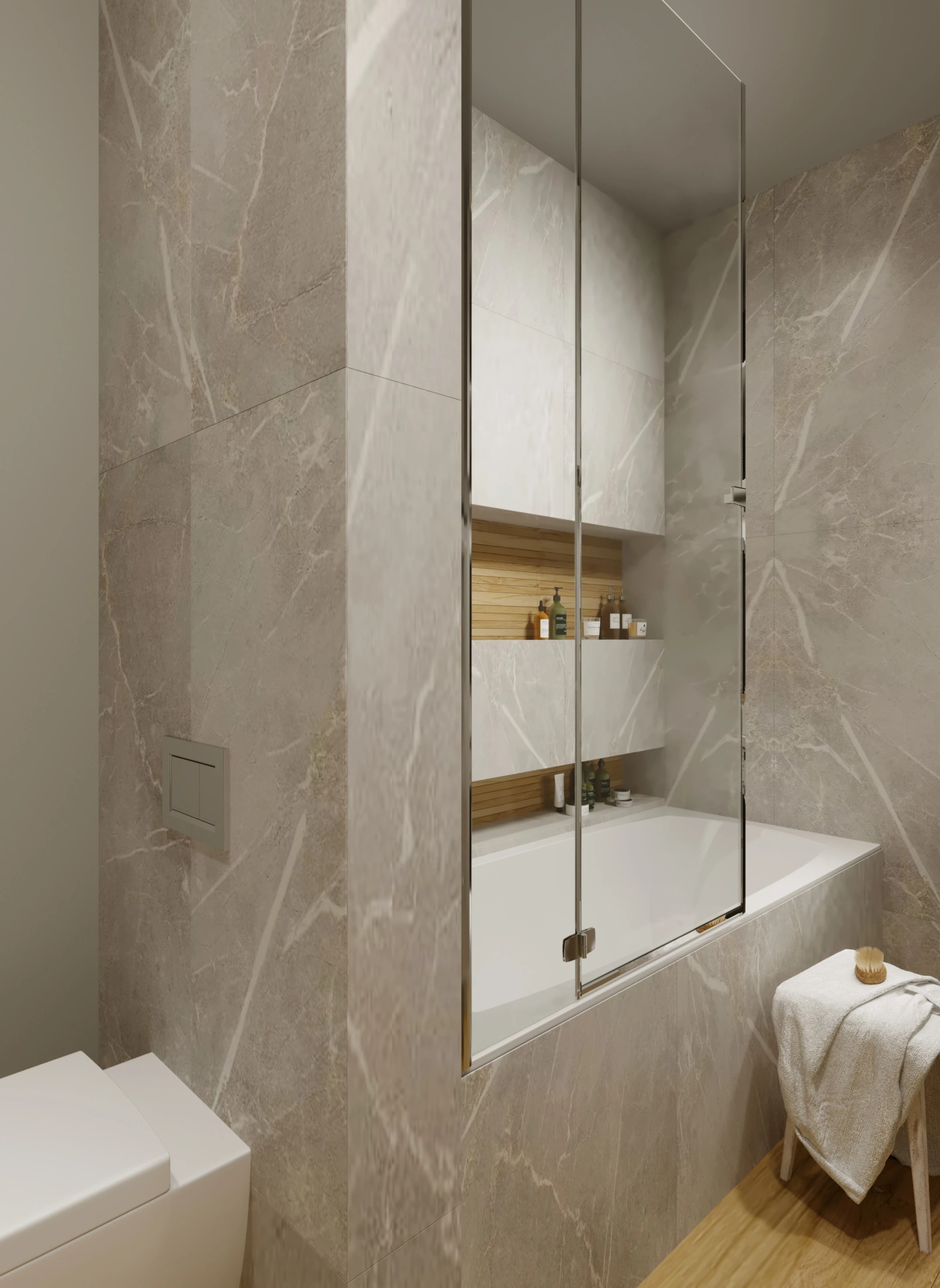 Два санузла, гардеробная, гостиная -кухня.