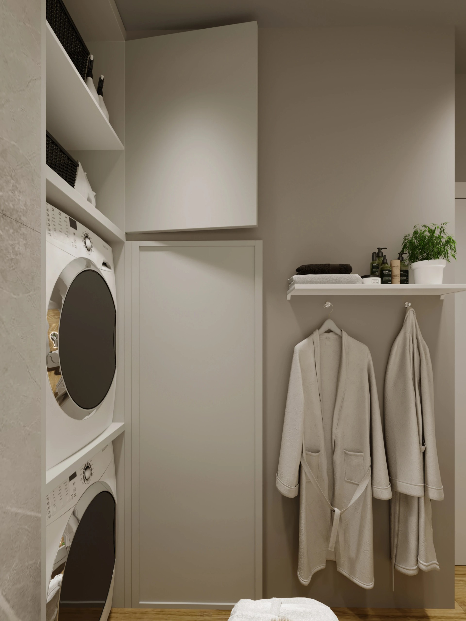 Два санузла, гардеробная, гостиная -кухня.