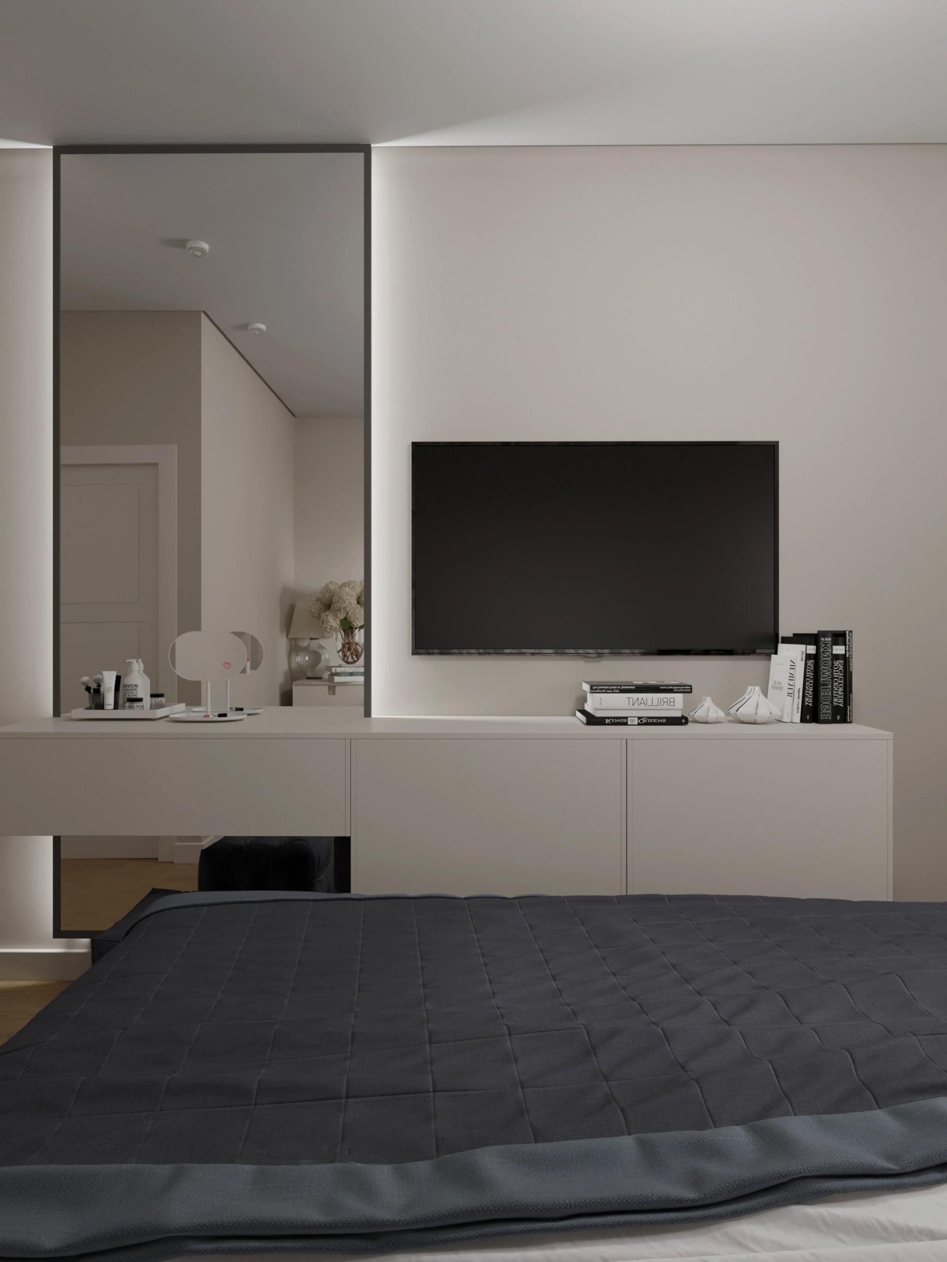 Два санузла, гардеробная, гостиная -кухня.