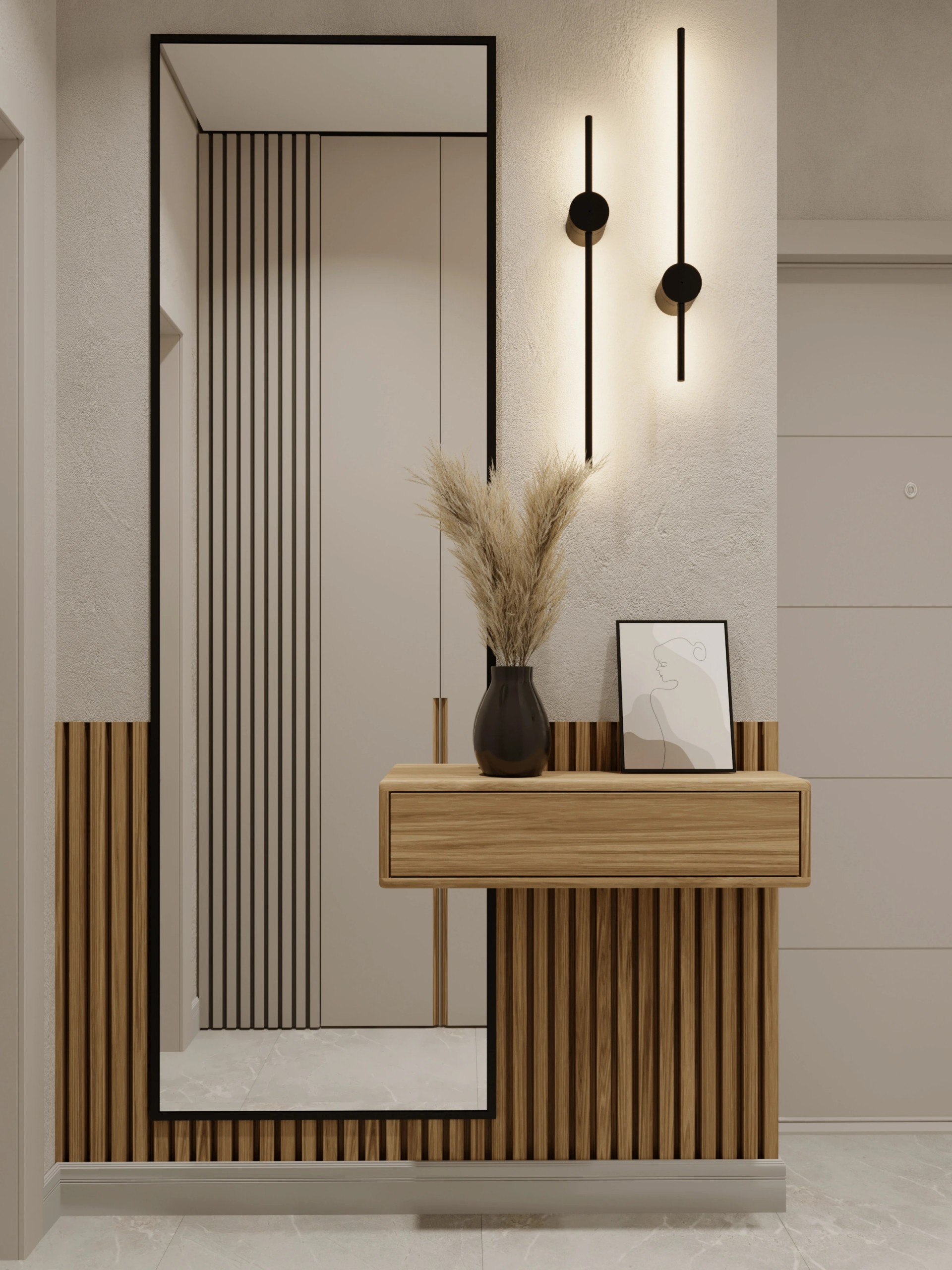 Два санузла, гардеробная, гостиная -кухня.