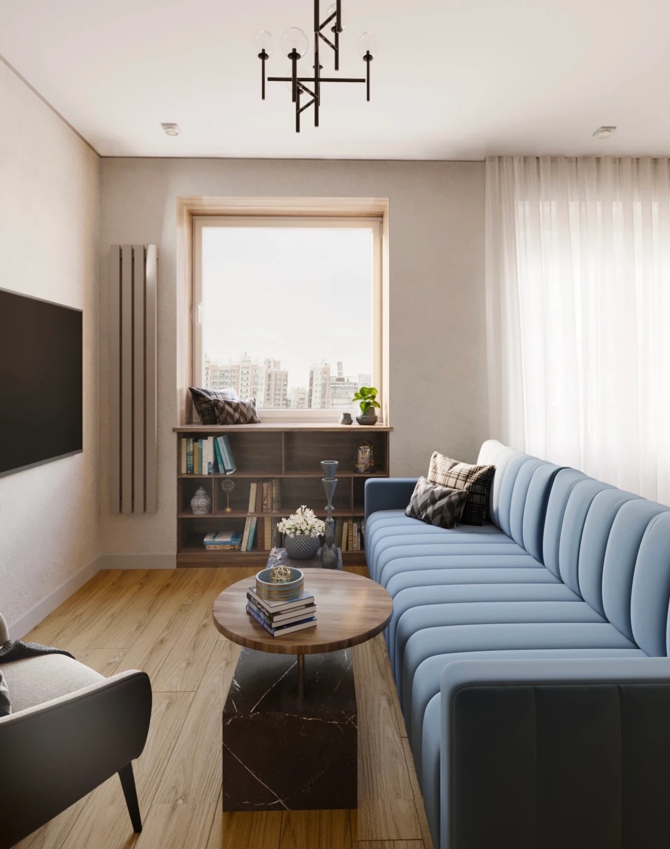 Два санузла, гардеробная, гостиная -кухня.