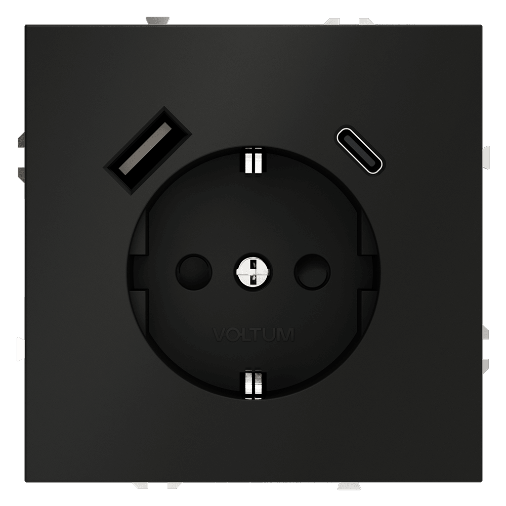 Розетка встраиваемая VOLTUM S70 с заземлением и защитными шторками, 16А, с USB, A+С, (черный матовый VLS040508